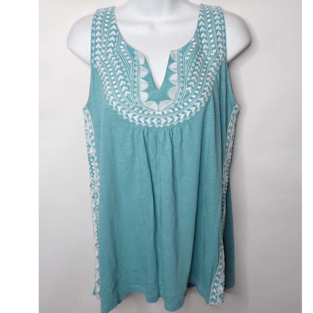 Sundance Women's Teal Embroidered Split Neck Tank Top Size S Casual Boho Cottage